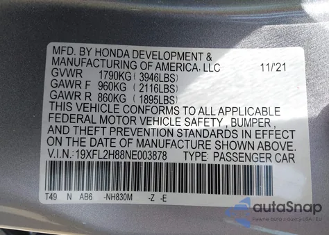2022 Honda Civic Sport z USA, uszkodzony, nr VIN 19XFL2H88NE003878
